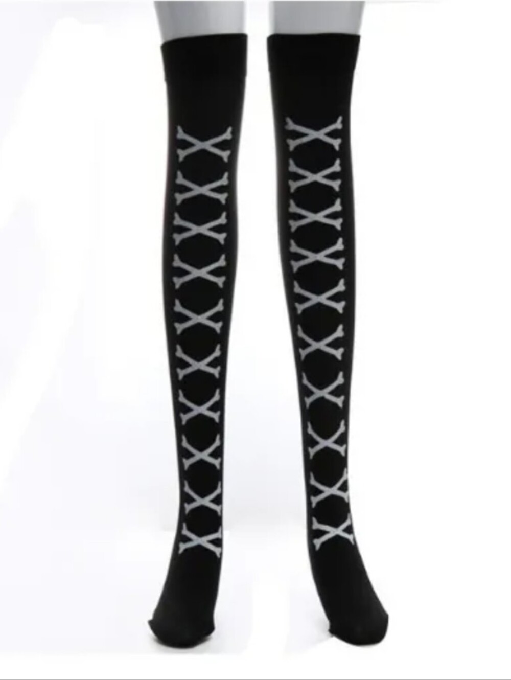 Black With White Crossbones Thigh-High Socks